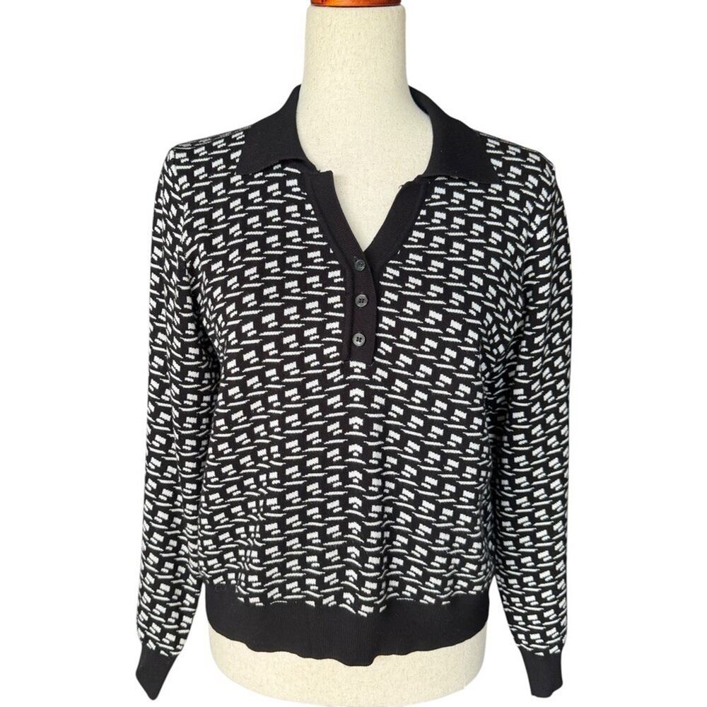 Arianna Papell Patterned Knit Top Black White Button Polo Sweater Minimalist L - Picture 9 of 9